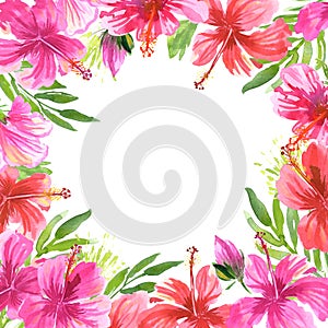 Hibiscus pink red watercolor card template. Exotic flowers invitation. Border frame banner.
