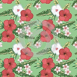 Hibiscus plumeria palm leaves seamless green background