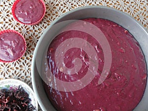 Hibiscus red cakes cooking, red dough