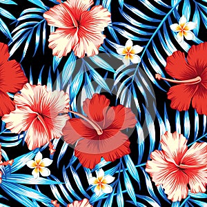 Hibiscus red and palm leaves blue seamless background