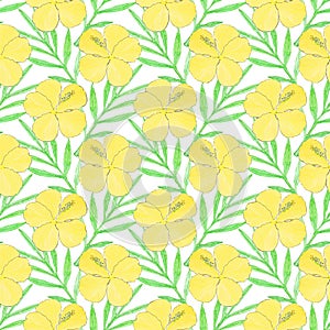 Hibiscus. Seamless pattern with flowers and palm leaves. Hand-drawn background. Vector illustration.