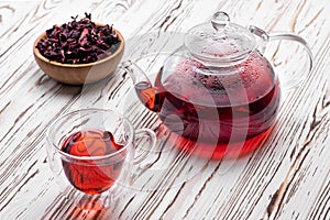 Hibiscus tea in glass teapot and cup