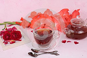 Hibiscus tea, natural tea with tea rose petals. This drink is a natural anti-inflammatory and antioxidant remedy, treats chronic