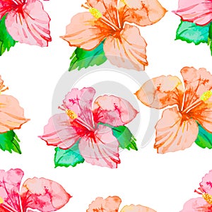 Hibiscus. Tropical plants seamless pattern. Exotic flower. Watercolor.