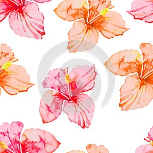 Hibiscus. Tropical plants seamless pattern. Exotic flower. Watercolor.