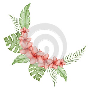 Hibiscus Watercolor Frame. Red flower with tropical palm leaves. Hand drawn floral wreath on isolated background. Round