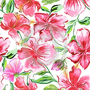 Hibiscus watercolor seamless pattern . Red pink tropic flowers ornament for textile, fabric and wallpaper.