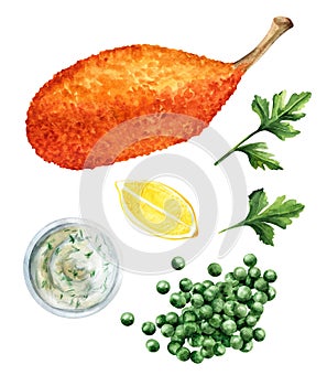 Ð¡hicken kiev cutlet with white sauce and peas. Illustration watercolor