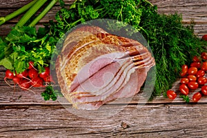 Hickory smoked spiral sliced ham with fresh vegetables