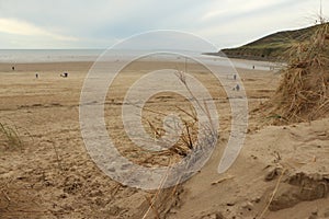 Hidden behind the grass on the dunes dunes over Saunton Sands beach in Devon, South West, UK