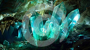 A hidden cave illuminated by glowing crystals etched with cryptic symbols hinting at the secrets of lost civilizations photo