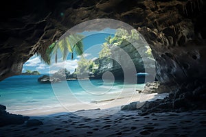 A hidden cave with a pristine beach inside realistic tropical background