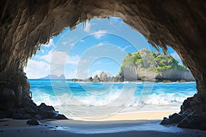 A hidden cave with a stunning beach inside realistic tropical background