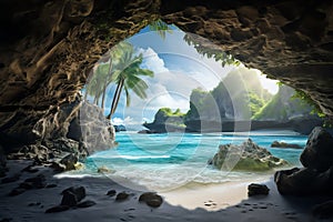 A hidden cave with a stunning beach inside realistic tropical background