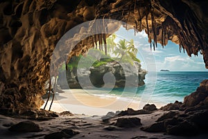 A hidden cave with a stunning beach inside realistic tropical background