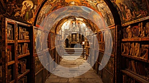 A hidden chamber in an ancient monastery, filled with d manuscripts adorned