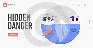 Hidden Danger Landing Page Template. Business Characters on Paper Boat Escape Attack of Huge Fish and Iceberg, Risk