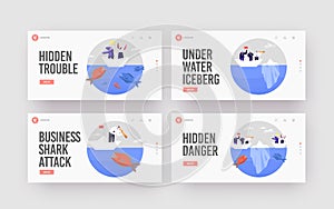 Hidden Danger Landing Page Template Set. Business Characters on Paper Boat Escape Attack of Huge Fish and Iceberg