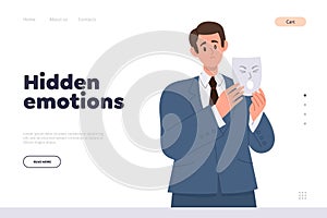 Hidden emotion landing page design template with businessman disguising real feelings from people photo