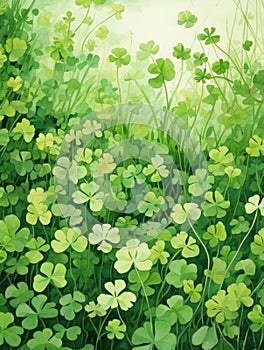 Hidden Fourleaf Clover in a Detailed Watercolor Clover Field AI Generated