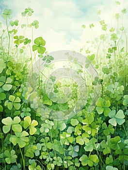 Hidden Fourleaf Clover in a Detailed Watercolor Clover Field AI Generated photo