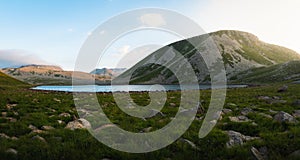 Hidden gem Levanis lake panorama in Georgia in summer