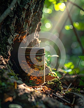 Hidden Geocache Treasure in a Sunlit Forest