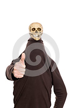 Hidden man with witty skull on his head, thumbs up