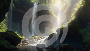 A hidden mountain waterfall flows through a dense forest,