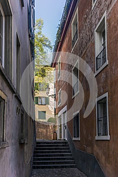 A hidden narrow alley in the center of Zurich old town (\