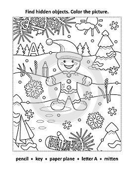 Hidden objects, or seek and find, picture puzzle and coloring page activity sheet with happy cheerful gingerbread man walking outd