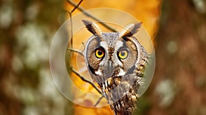 Hidden portrait of Long-eared Owl with big orange eyes behind larch tree trunk. Generative AI