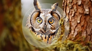 Hidden portrait of Long-eared Owl with big orange eyes behind larch tree trunk. Generative AI