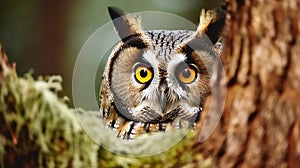 Hidden portrait of Long-eared Owl with big orange eyes behind larch tree trunk. Hide and seek with cute little owl. Generative AI