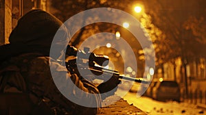 A hidden sniper blends into their surroundings keeping a close eye on the movements and actions of the rioters. photo