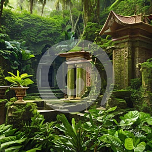 A hidden temple deep within a lush jungle, guarded by mystical creatures and ancient statues4, Generative AI