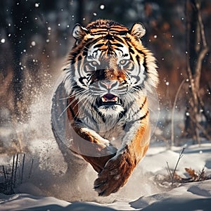 Hidden of Tiger in wild winter Amur tiger running in the Action wildlife danger animal