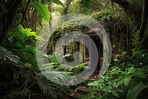 hidden treasure trove of lush jungle, with vines and foliage obscuring entrance