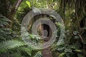 hidden treasure trove of lush jungle, with vines and foliage obscuring entrance photo