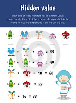 Hidden value Educational Sheet. Primary module for Numerical Ability. 5-6 years old