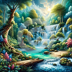 A hidden waterfalls in a breathtaking forest, with river, trees, wildplants and flower, painting art photo