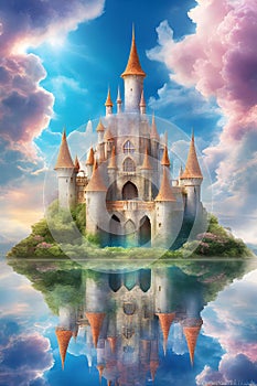 A hidden whimsical castle in the fluffy clouds, refelction, fantasy, stunning, printable