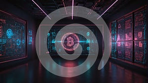 hidden world of cryptography rendered in futuristic style with neon lights and holographic displays