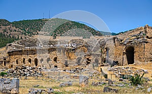 Hierapolis Ancent City ruins in Pamukkale, Denizli, Turkey. Roman theater exterior view