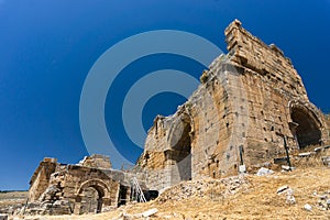 Hierapolis Ancent City ruins in Pamukkale, Denizli, Turkey. Roman theater exterior view