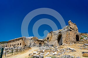 Hierapolis Ancent City ruins in Pamukkale, Denizli, Turkey. Roman theater exterior view