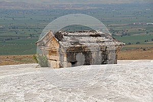 Hierapolis antique tomb on the travertine mount in Pamukkale. Denizli, Turkey.