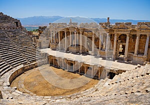 Hierapolis, Pammukale, Turkey. Ancient amphitheater. Panoramic landscape in the daytime. UNESCO Heritage Site. Historic Site.