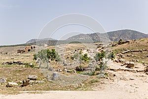 Hierapolis, Turkey. Archaeological Zone. Left - the ruins of the Roman theater, I - IV centuries AD