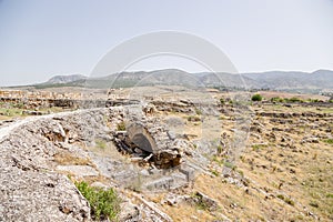 Hierapolis, Turkey. Archaeological Zone. Ruins of ancient buildings and the water supply system of fossilized clay